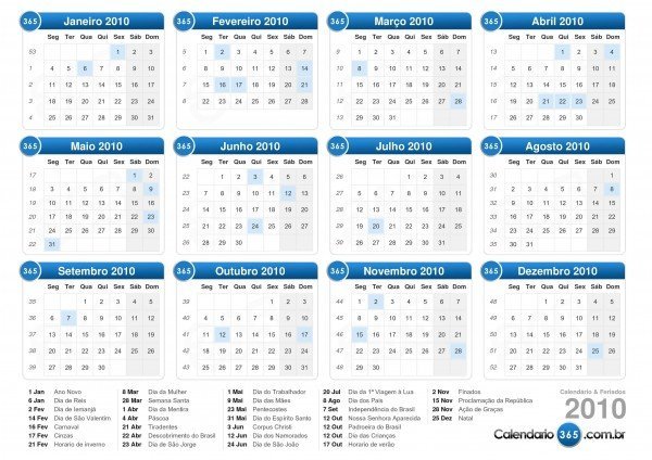 Feriados no calendário de 2010