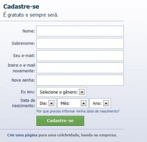 Cadastro em português no facebook