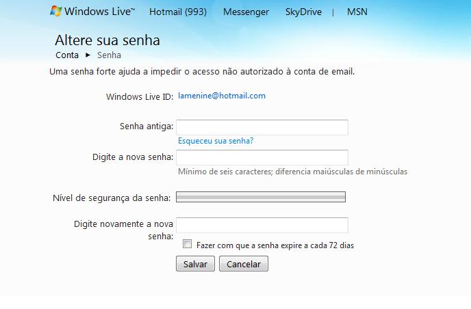 Mudar senha MSN