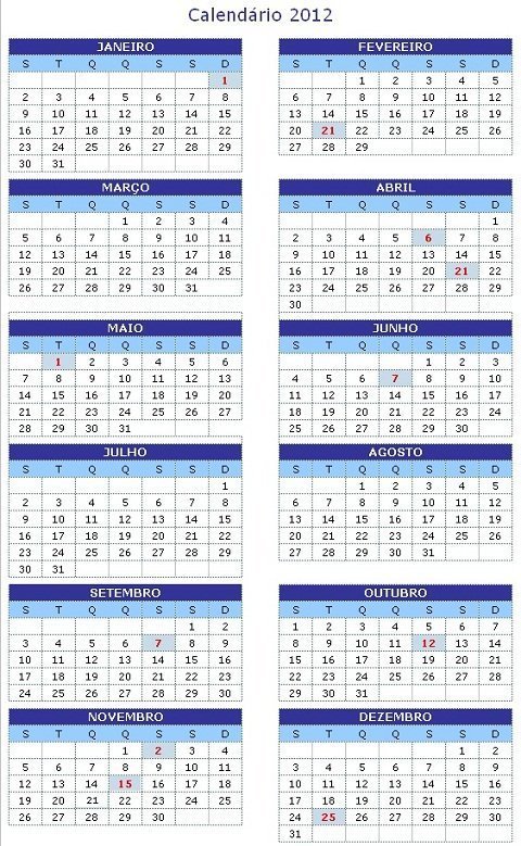Calendário 2012 - Feriados